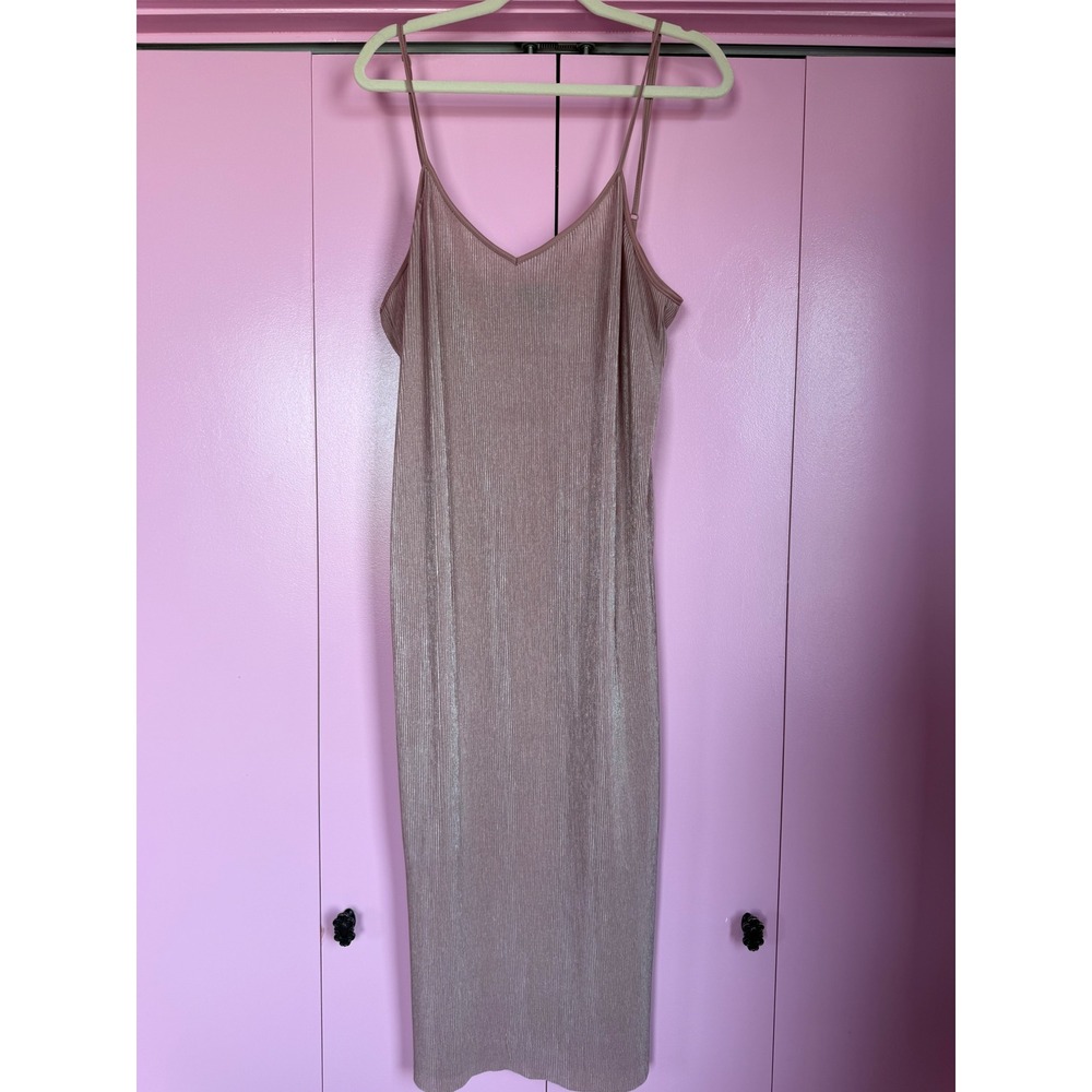 Trouve Metallic Rose Gold Pleated Midi Slip Dress XL V-Neck Shimmer Pink